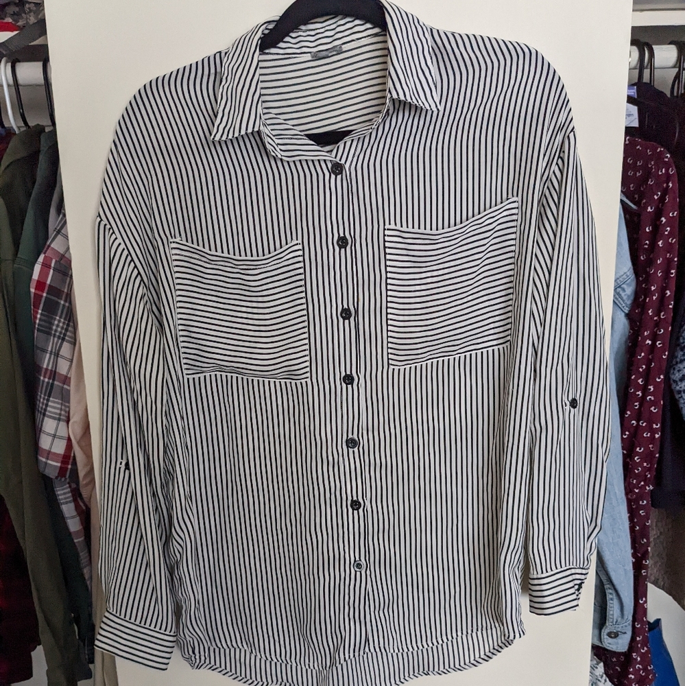 Black & White Charlotte Russe Oversized Thin Striped Sheer Button Down Blouse